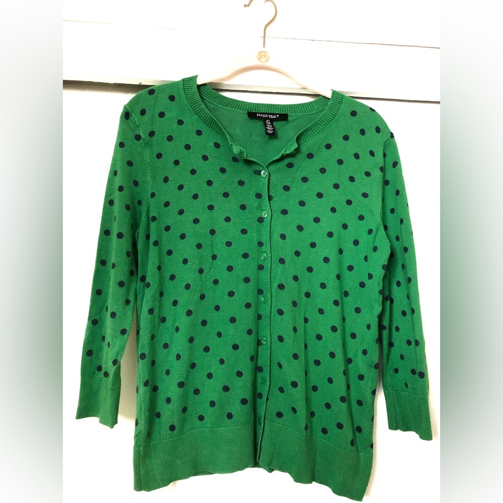 Ellen Tracy: woman’s light sweater button up. Green with black polka dots